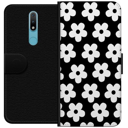 Yhteensopiva Lompakkokotelo Nokia Nokia 2.4 Mustavalkoinen kukkakuvio minimalistisessa skandinaavisessa muotoilussa, jossa voimakas kontrasti ja ajato