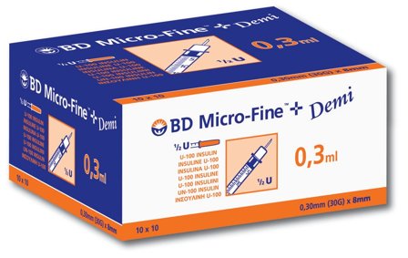 BD Micro-Fine+ U-100 insulinsprøyte 0,3 ml 0,30 x 8 mm 100 stk