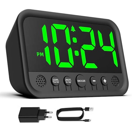 Digital väckarklocka med grön LED-indikator för sovrum, nätansluten väckarklocka med justerbar volym, ljusstyrka, snooze, 12/24 timmar