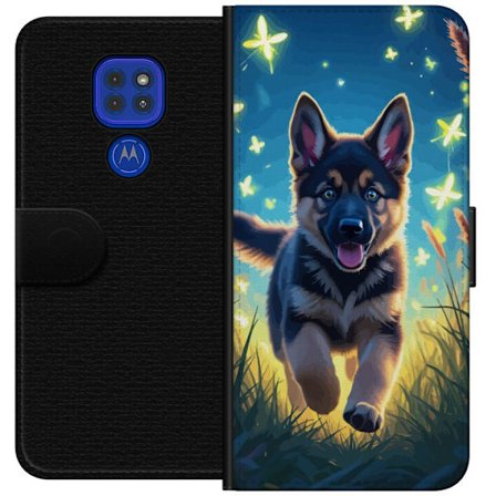 Kompatibelt Lommeboketui til Motorola Motorola Moto G9 Play Tysk schäfer valp plakat valp hund hopper eng fjärler søt hund illustrasjon blå natt k