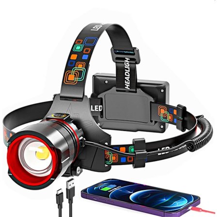 2025 Senaste Modell Pannlampa Uppladdningsbar 90000 Lumen Ultraljus Pannlampa Superljus Bygghjälmslampa Zoombar IPX54 Strålkastare Camping A