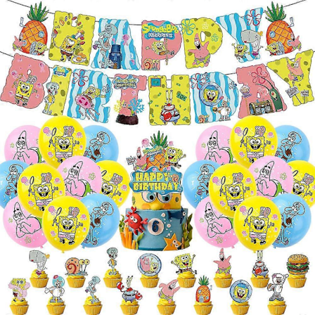 Svampbob Fyrkant Tema Barn Söt Grattis på Födelsedagen Party Baby Shower Tillbehör Kit Banner Ballonger Set Tårta Cupcake Toppers Dekoration