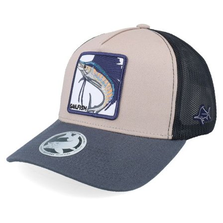 Skillfish - Grå trucker Keps - Sail Fish Box Stone/Olive/Navy A-frame Trucker @ Hatstore
