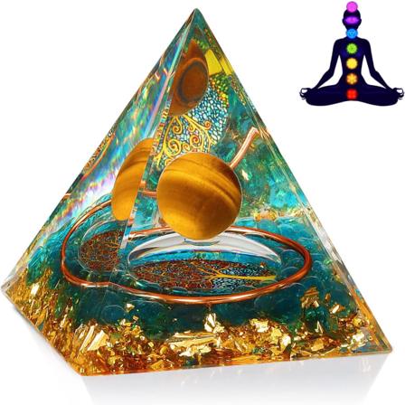 Pyramid Healing Stones, Spirituell Gåva - Tigeröga och Livets Träd Kristallpyramid Symboliserar Karriärgenombrott, Healing för Kvinnor Män - 6 cm
