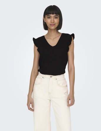 ONLY Onlmay S/S Frill V-Neck Top Box Jrs - Black - L