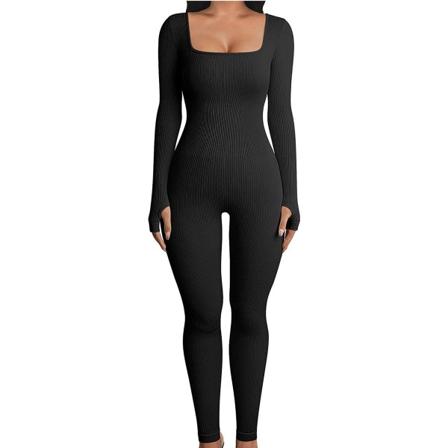 Yoga fitness jumpsuit med trådformet firkantet hals black M