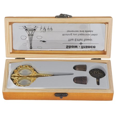 Vintage ompelusetti, kannettavat sakset, metallinen sormustin, langanleikkuri