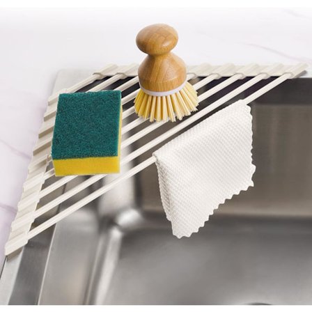 Litet triangulärt hopfällbart diskställ med silikonbeläggning, rostfri stålram för diskbänkshörn, multifunktionellt avrinningsställ (vitt)