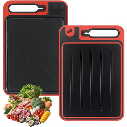 4-i-1 Miracle Melt tøbræt, dobbeltsidet skærebræt med rivejern og slibesten, tøbakke til kød, fisk og mad (rød)