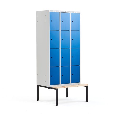 4 door locker CLASSIC, bench seat, 3 modules, 2120x900x550mm, blue