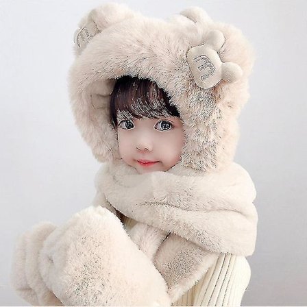 Barn Tenåringsjenter 3 I 1 Varmt Sett Plysj Myk Tegneserie Vinterlue Skjerf Votter Hansker