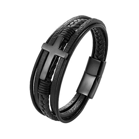 Svart Gull Sølv Flerlags flettet armbånd Cross Religious Leather Bangle -HG