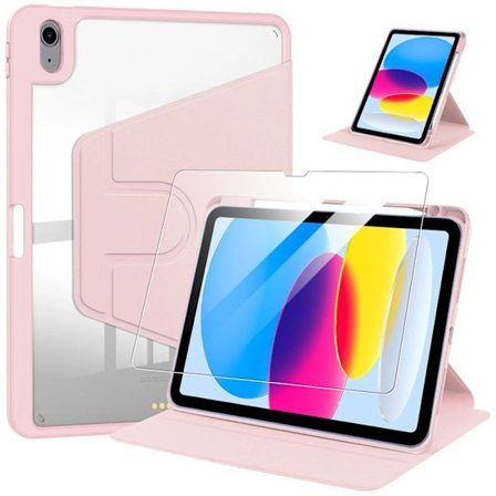 Rotationsfodral - BOOLING - för iPad A16 (11") / iPad 10 2022 - med Pennhållare - Härdat Glas - Rosa
