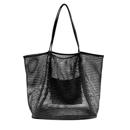 Bærbar Mesh Taske Børn Opbevaringstasker Svømning Strandtaske Til Håndklæder Kvinder Kosmetik Makeup Taske Sort