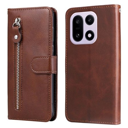 OnePlus 15 5G Plånboksfodral Zipper Pocket Konstläder - Brun