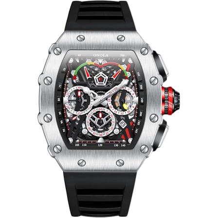Herre Tonneau Klok Analog Kvarts Multifunksjon Kronograf Stilig 5 ATM Vanntett Armbåndsur med Silikonrem Sølv Svart Silver black