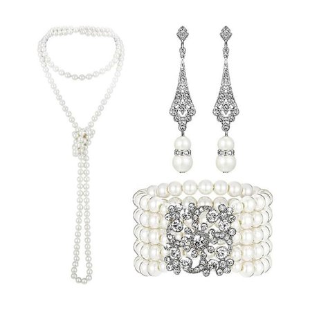 Vintage Flapper -asu 1920-luvun naisille, päähine, satiinikäsineet, korvakorut, kaulakoru, tanssiaistarvikesetti 23PESET687