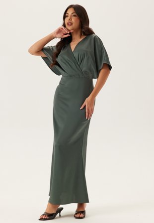 Bubbleroom Occasion - Wrap Satin Ankle Dress - Green - Kläder Omlottklänning
