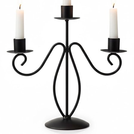 Sort metal 3-armet kandelaber til lange lys