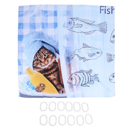 Sødt Kat Fiske Mønster Bruseforhæng Vandtæt Badeværelse Dekorativt Badeforhæng 150x180 cm