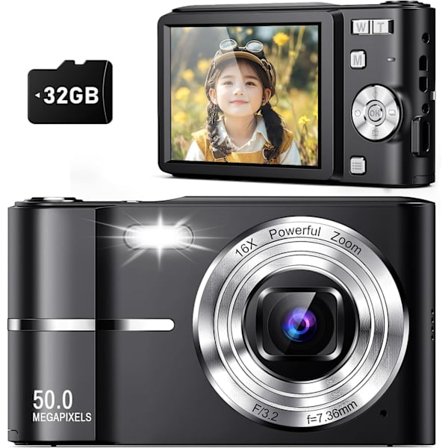 2025 Senaste Modell Uppgraderad Digitalkamera, Autofokus 50MP FHD 1080P Kamera med 16x Zoom Anti-Skak, Kompakt Kamera för Barn Student