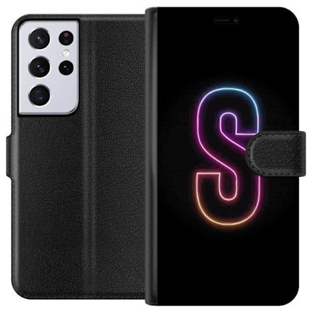 Kompatibelt Lommeboketui til Samsung Samsung Galaxy S21 Ultra 5G Neonbokstav S i lysende rosa og blå toner mot mørk bakgrunn, stilig bokstavkunst me