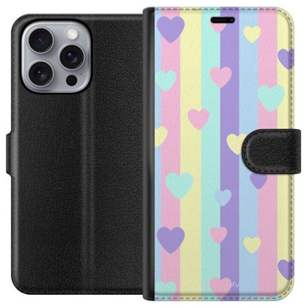 Kompatibel Tegnebogsetui til Apple iPhone 16 Pro Max Pastelstriber i lyserød, gul, lilla og blå med spredte hjerter i blød kawaii-stil.