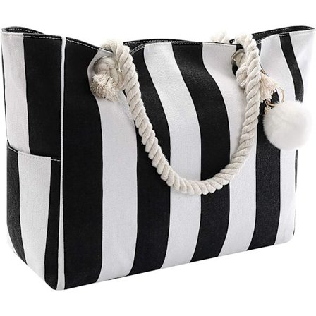 Kvinners store strandveske i lerret med glidelåslommer for svømmebasseng, treningsstudio, fotturer, piknik, reiser