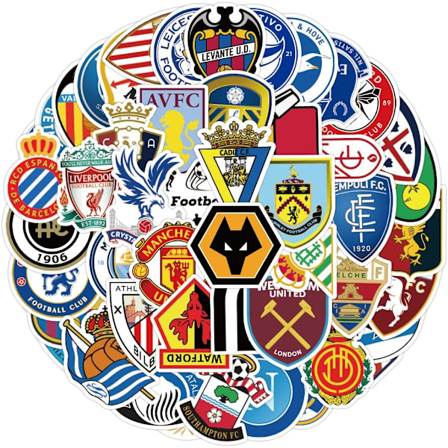 Jalkapallojoukkueen logo tarrapaketti 100 kpl vesipulloille, kannettaville tietokoneille, autoille Soccer logo color