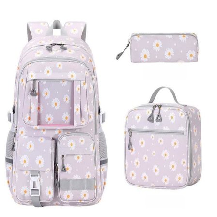 School Backpack for Girls 3-Piece Set with Lunch Box and Kawaii Design_TF_TF Grey