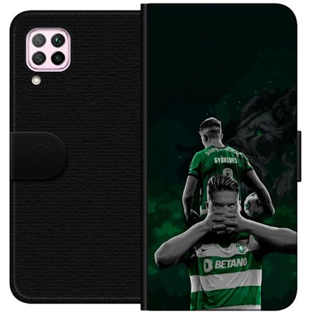 Kompatibelt Lommeboketui til Huawei P40 lite Neonmotiv med teksten "Gaming is in my DNA" på en blå og rød murvegg med en lysende DNA-spiral.