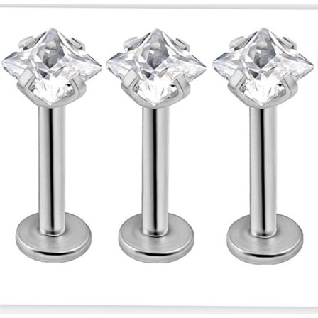 3 st Labret med sten i samma storlek, Kirurgiskt Stål
