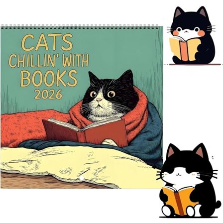 Cats Chilling with Books 2026 Wall Calendar, Funny Cat Reading Book Theme Monthly Planner, Hanging 12 Month Wall Monthly Planner