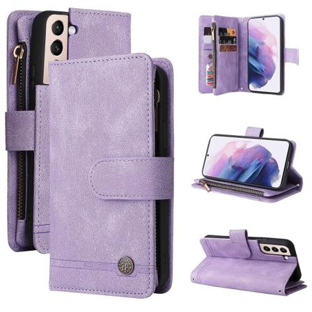 Etui for Samsung Galaxy S22 5g Lær Flip Etui med Kredittkortholder Pengeseddellomme Magnetiske Knapper Etui Kickstand Støtsikkert Lilla A