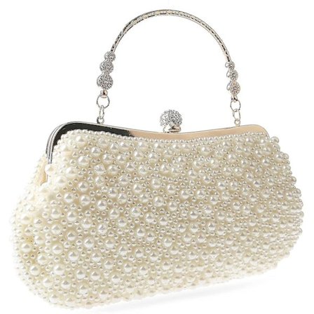 Women Pearl Evening Bag Bride Beaded Clutch Purse Cream White For Wedding Party