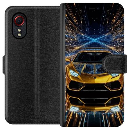Yhteensopiva Lompakkokotelo Samsung Galaxy Xcover 5 Kultainen urheiluautoillustraatio, futuristinen luksusauto valopolkujen kera täydellinen eksklusii