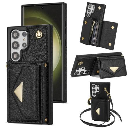 For Samsung Galaxy S24 Ultra Etui Organ Kortveske Lær+tpu Deksel Med Skulderstropp Black