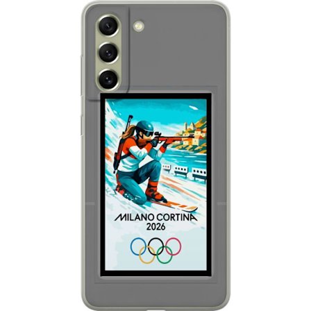 Kompatibelt Mobildeksel til Samsung Galaxy S21 FE 5G Retroplakat Cortina Milano 2026 med fjell, vintersportsutøvere, italienske trikolor, Milano-kated