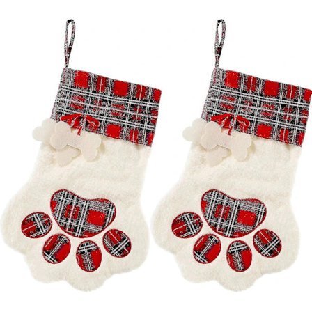 2 stk. julestrømper med kæledyrspoter, strømper til pejs, hængende strømper til kæledyr og juledekoration (rød)