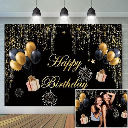 Glitter Guld Grattis på födelsedagen Bakgrund Svart Guld Ballonger Födelsedag Bakgrund Tema Födelsedagsfest Födelsedag Bal Dekoration Bakgrund Banner 