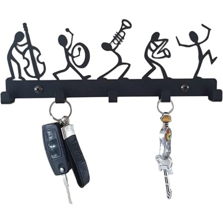 Kreativ sort nøglerække med 5 kroge, postarrangør og nøglehul
