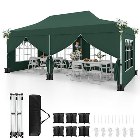 COSTWAY Have Telt 3x6M med 6 Aftagelige Sider - Transporttaske 6 Sandposer til Fest Bryllup BBQ Grøn