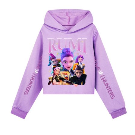 KPOP DEMON HUNTER Flickor Mellanhög Midja Kort Sweatshirt Enkel och Dubbel Ärm Tryckt Casual Kostym Lila XX 120cm 120cm Lila XX