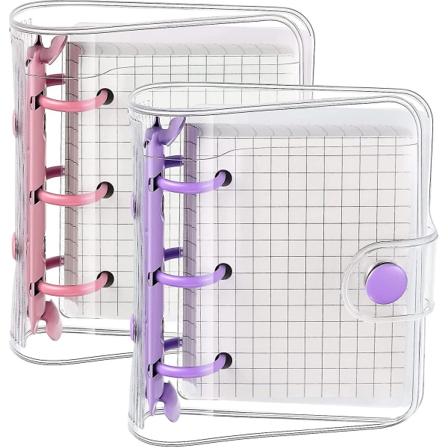 2 sett med mini gjennomsiktige ringpermomslag med 3 ringer og indre papirmappe lomme klar myk PVC ring notatbok lukking løsblads rund ringperm