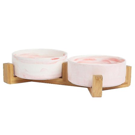 Keramisk Katte- og Hundeskål Hævet Mad- og Vandskål med Skridsikker Træramme