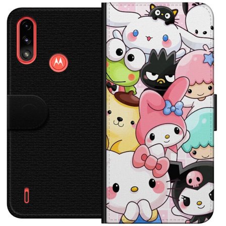 Kompatibelt Lommeboketui til Motorola Moto E7 Power Tett mønster av søte figurer med store øyne i ulike farger og uttrykk med LABUBU-tekst