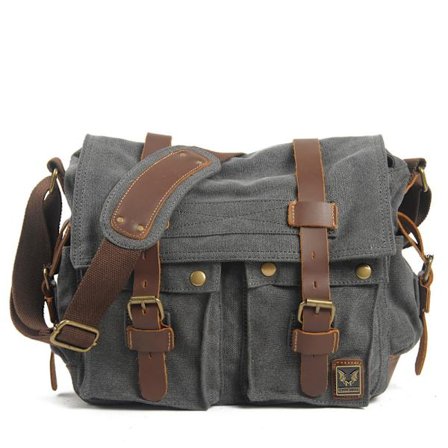 Vintage Läder Canvas Laptop Väska Messenger Väskor Medium, Canvas Kameraväska Vintage DSLR SLR Messenger Axelväska - Grå