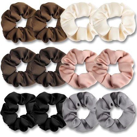 Satin Hår Scrunchies 12 stk Assorterede Farver til Kvinder og Piger med Tykt Krøllet Hår Hestehale Elastikker