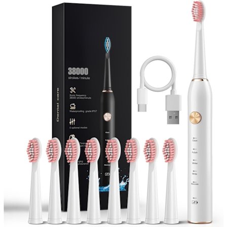 Sonic-sähköhammasharja aikuisille, 8 harjaspäätä, IPX7 vedenkestävä Sonicare 38000VPM, nopea lataus älykkäällä aikamuistutuksella, 5 valinnaista tilaa
