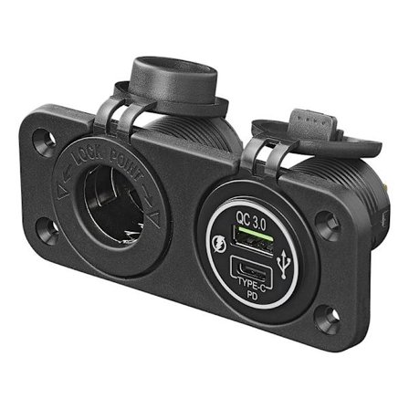 Indbygget sæt: 12V-stik + USB-hurtigoplader type A + C 2-vejs 3A